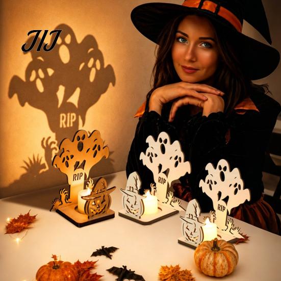 Natural Wood Carving Ornament Halloween Candle Holder, Spooky Pumpkin Bat Shadow Tealight Decorative Wooden Lantern Vintage Candlestick for Party Home