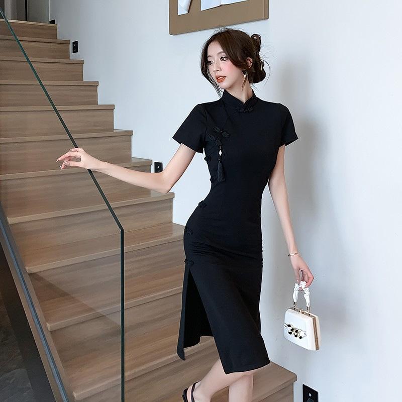 Feeling retro new Chinese style improved cheongsam women's summer black split-ended hip skirt national style fringed disc buckle dress