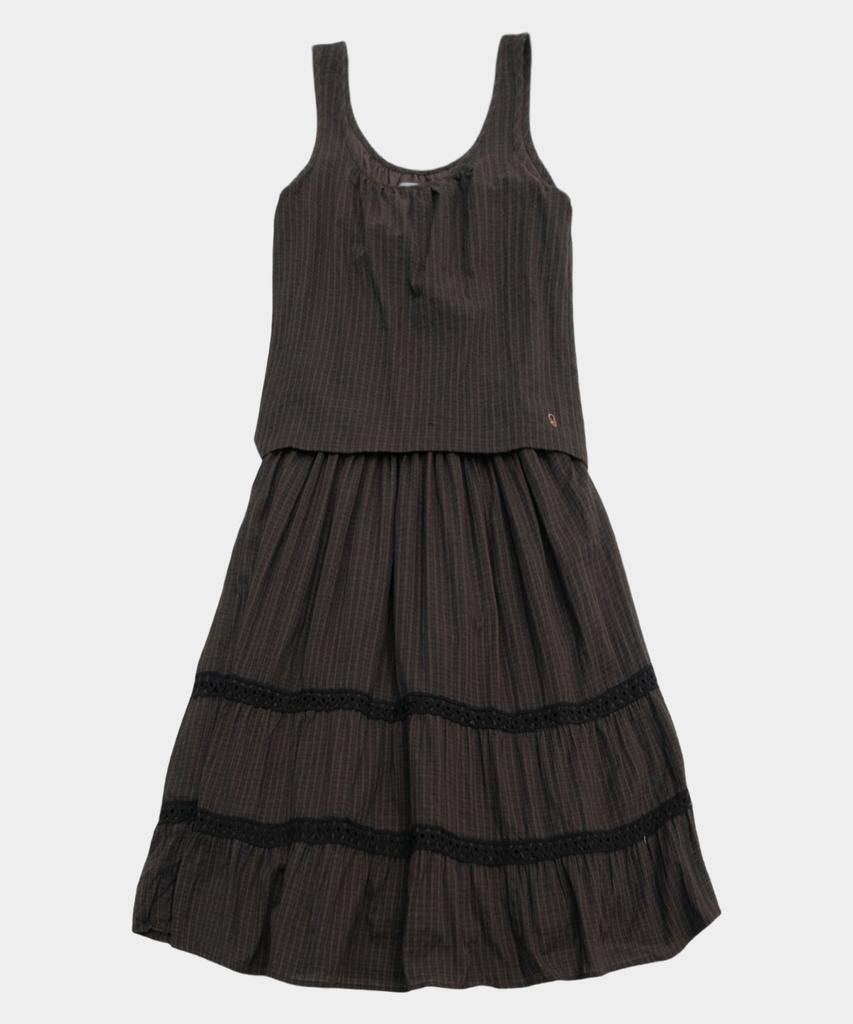 Some Place Check Mix Lace Voluminous Flare Tiered Shirred Sleeveless Layered Long Dress [Brown]