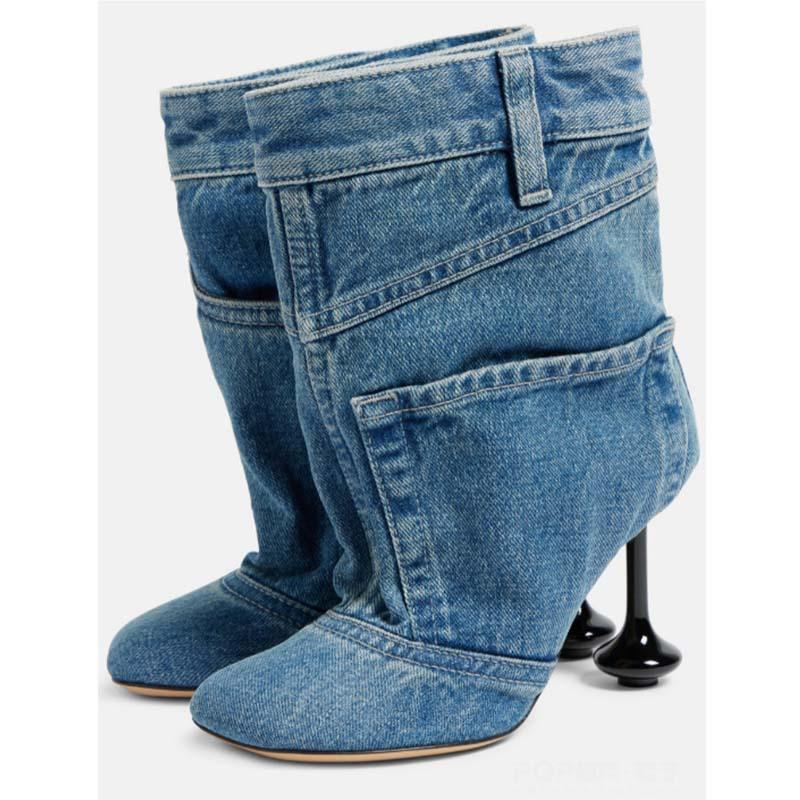 Fashion Spring Autumn New Irregular Heel Denim Skirt Edge Trouser Boots European American Women's Sewing High Heels Fashion Short Boots