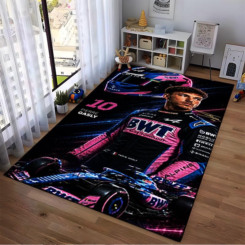Racing Driver with Helmet and Car Design. Non-slip Rug Suitable for Living Room and Bedroom Sofas.