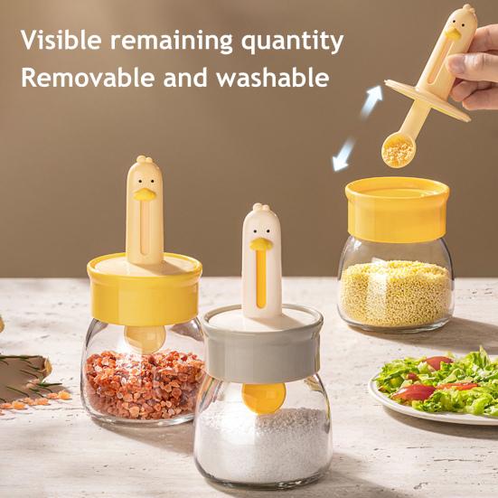 Seasoning Jar Glass Spice Dispenser Quantitative Countertop Kitchen Canister Sugar Bowl Condiment Bottle with Telescopic Spoon