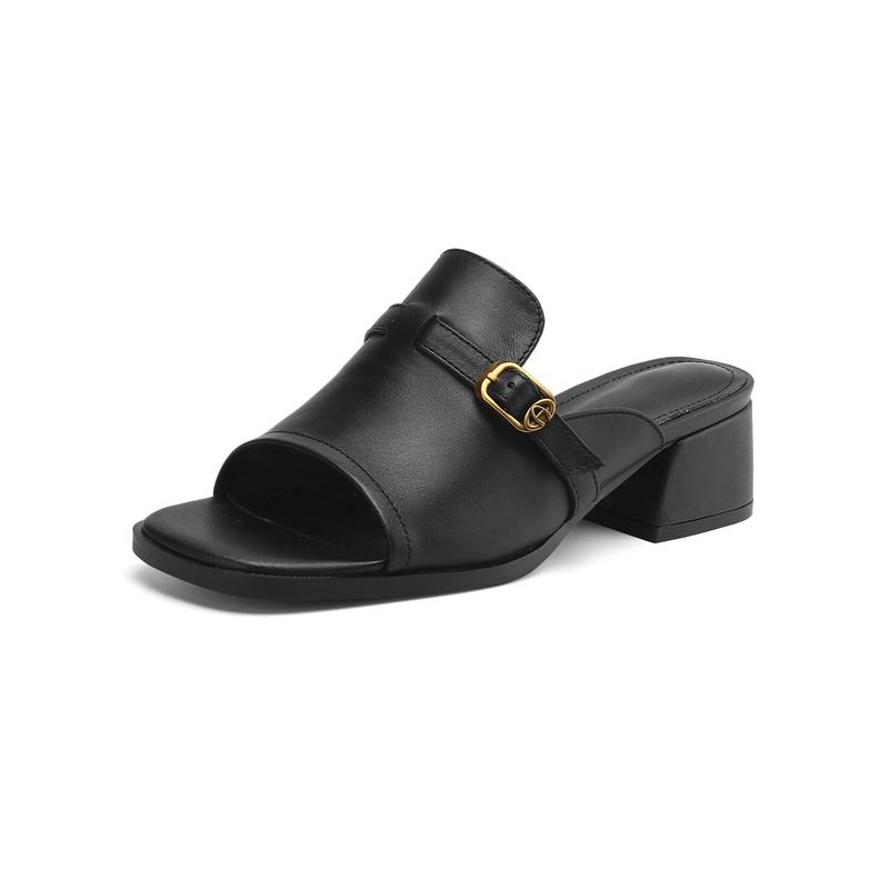 

Fashion Women s new summer genuine leather metal belt buckle round head exposed toe breathable cool mid heel plus size slippers 220 чёрный