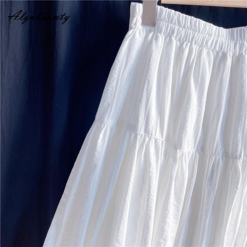 Japanese Mori Girl Spring Summer Women Midi Solid Skirt High Waist White Jacquard Cotton Elegant Ladies' Chic Skirt