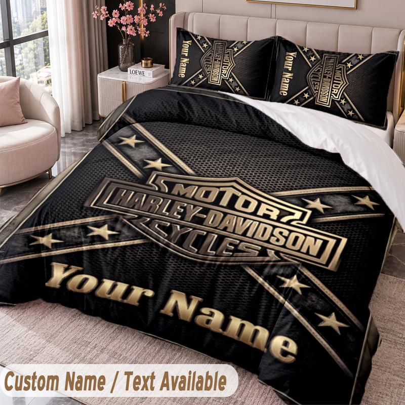 Harley-Davidson Printed Bedding Set Custom Name Text 1 Duvet Cover 2 Pillowcases For Bedroom