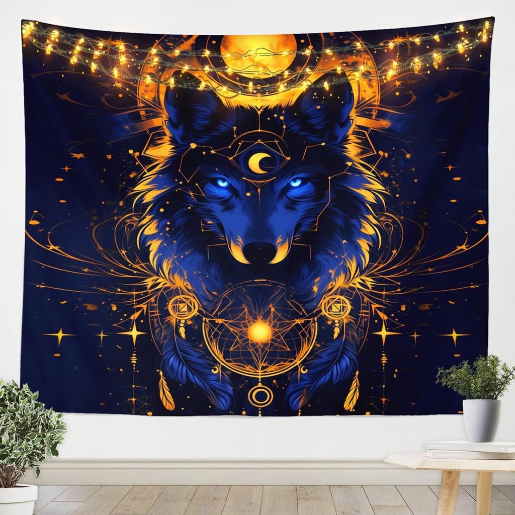 Wilder Wolf Kinder Wandteppich Sonne Mond Traumfänger Boho Wandteppiche Jungen Mädchen Zimmer Deko Wildtier Jagd Abenteuer Rustikal