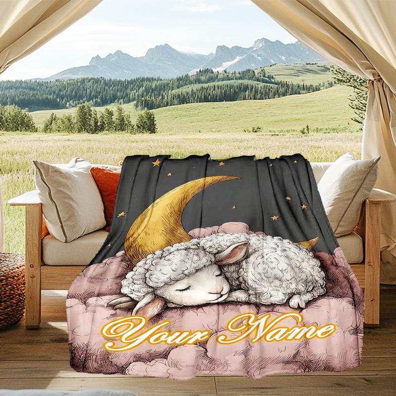 1PC Custom Name Moonlit Dreams Sheep outdooor Flannel blankets Throw Blanket All-Season Throw Gift Bedspread for Couch, Bed, Camping Holiday Birthda