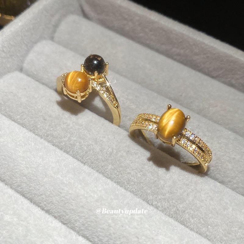 Real gold electroplated zircon tiger's eye open ring niche high-end index finger ring Maillard retro temperament jewelry