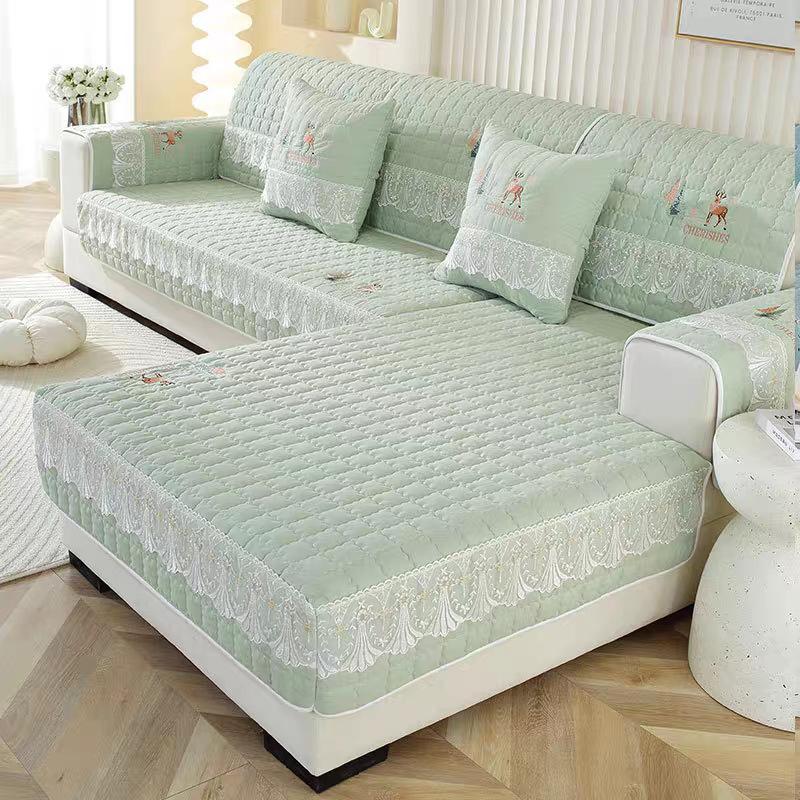 Vyšívaný polštář na pohovku z prané bavlny, Univerzální látka pro všechna roční období, Protiskluzový all-inclusive potah na pohovku, Kreslený přehoz na pohovku