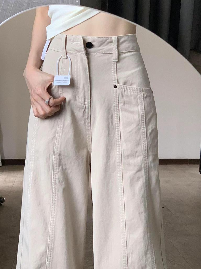 Women's High-Waisted Apricot Cargo Jeans, Summer Style, Relaxed Slim Fit, Straight Leg, Wide-Leg Trousers
