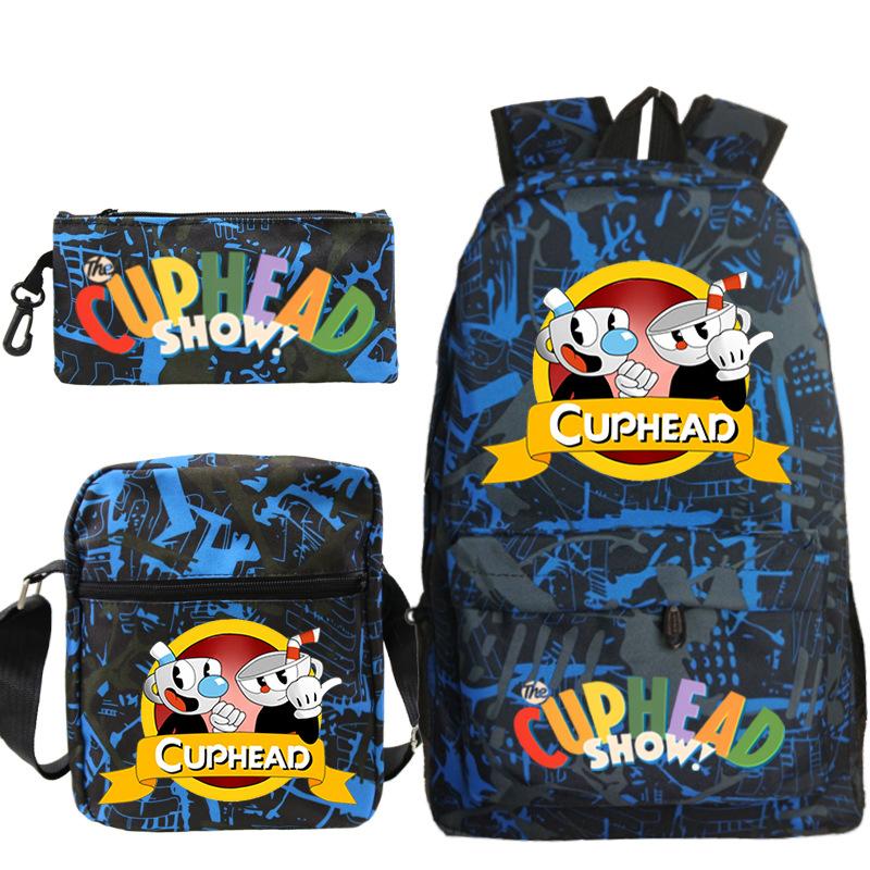 Cartoon Teacup Head Cuphead Student School Bag Backpack Three-piece Set Children's Shoulder Bag Pencil Bag