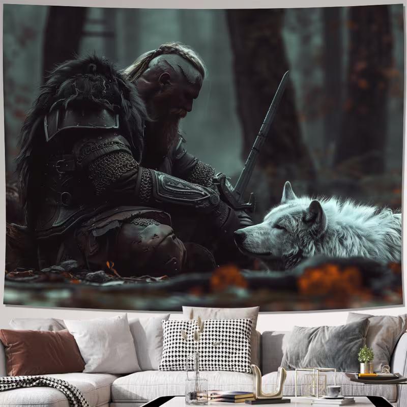 

2D Norse Mythology Warrior & Wolf Tapestry Dark Fantasy Art Wall Decor Cloth for Home & Bedroom 47.2x31.5inch/120*80cm