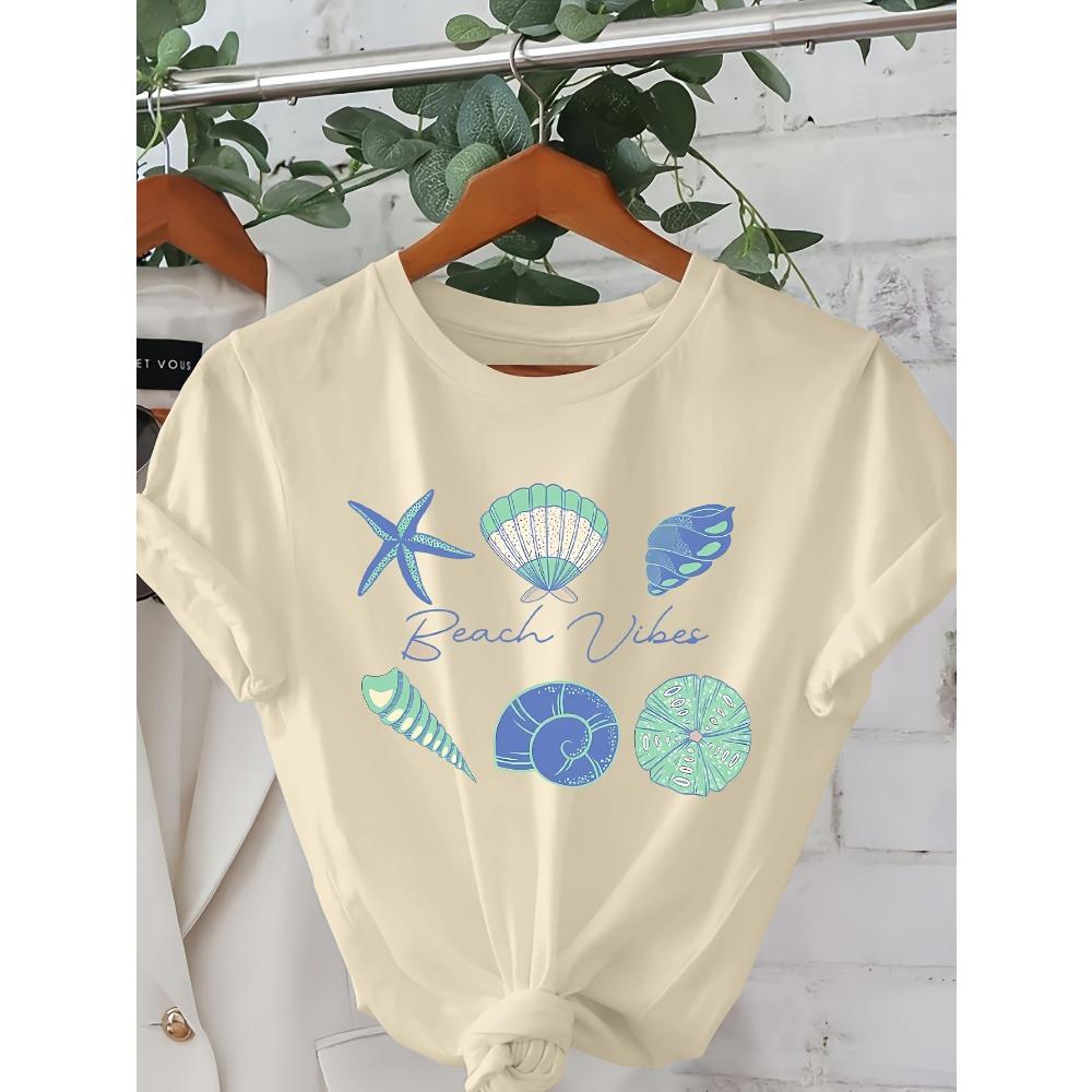 Women Beach Style Pattern T-Shirt Short Sleeve Round Neck Casual Summer Top with Starfish and Shell Print Clothes