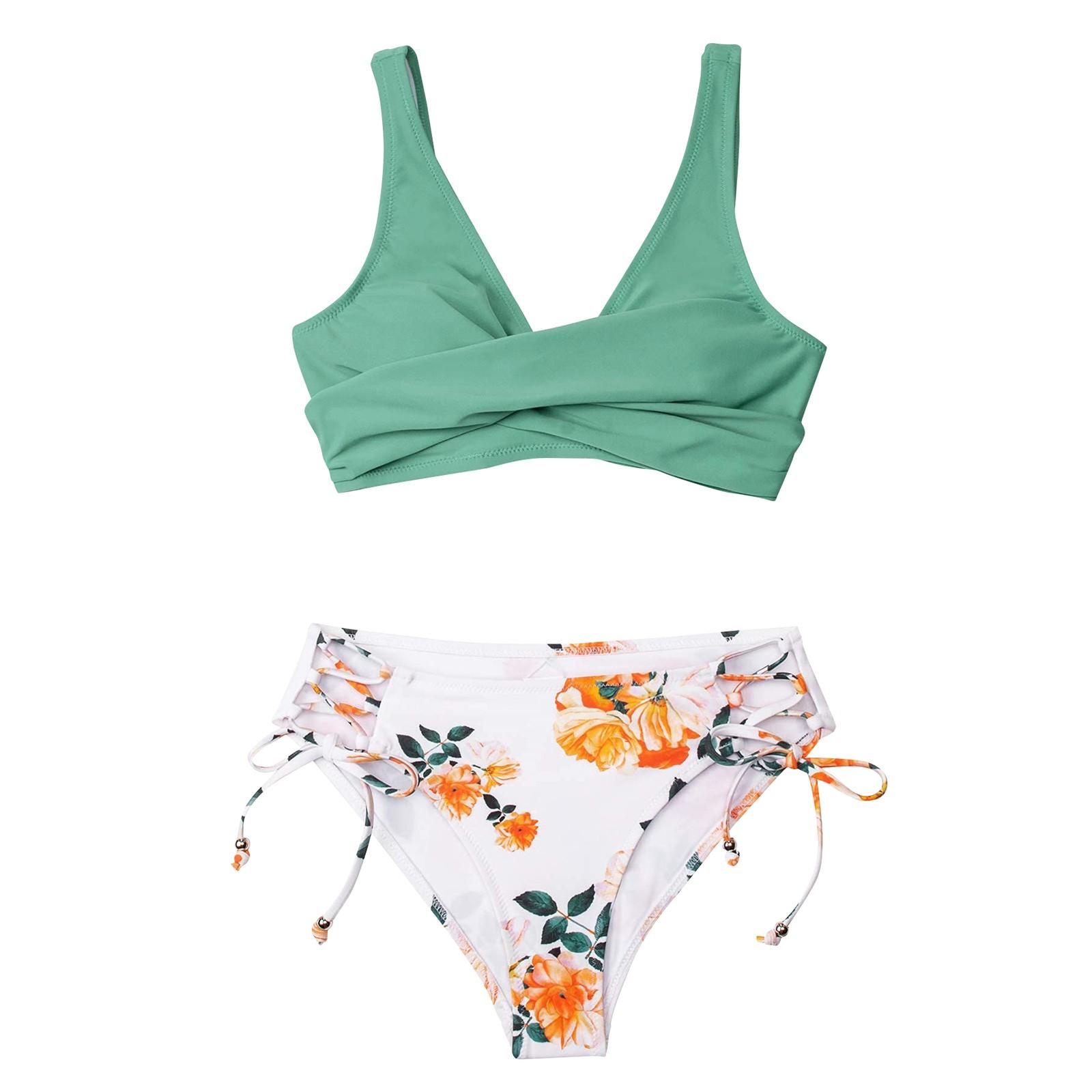 Fato Banho Feminino Com Cintas Duas Peças Impresso Split Biquíni Fato  Banho Com Renda L зелёный