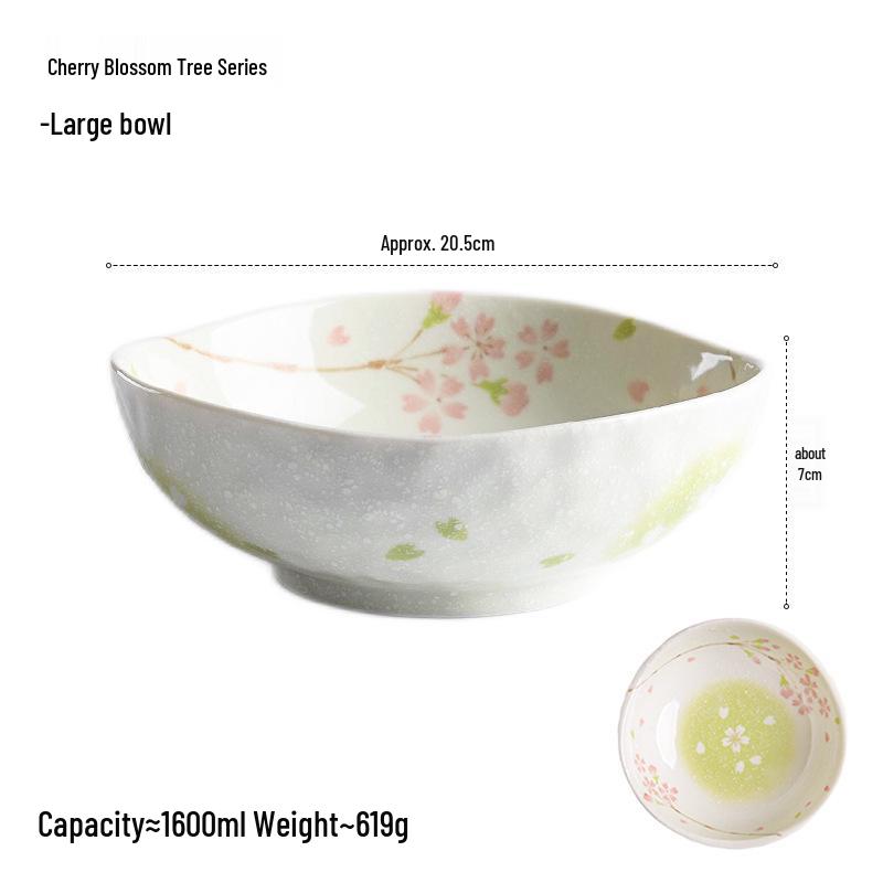 Cherry Blossom Ceramic Bowl & Plate Set: Includes Rice Bowl, Soup Bowl, Large Plate, Dish Plate, and Large Noodle Bowl - Japanese Imported.