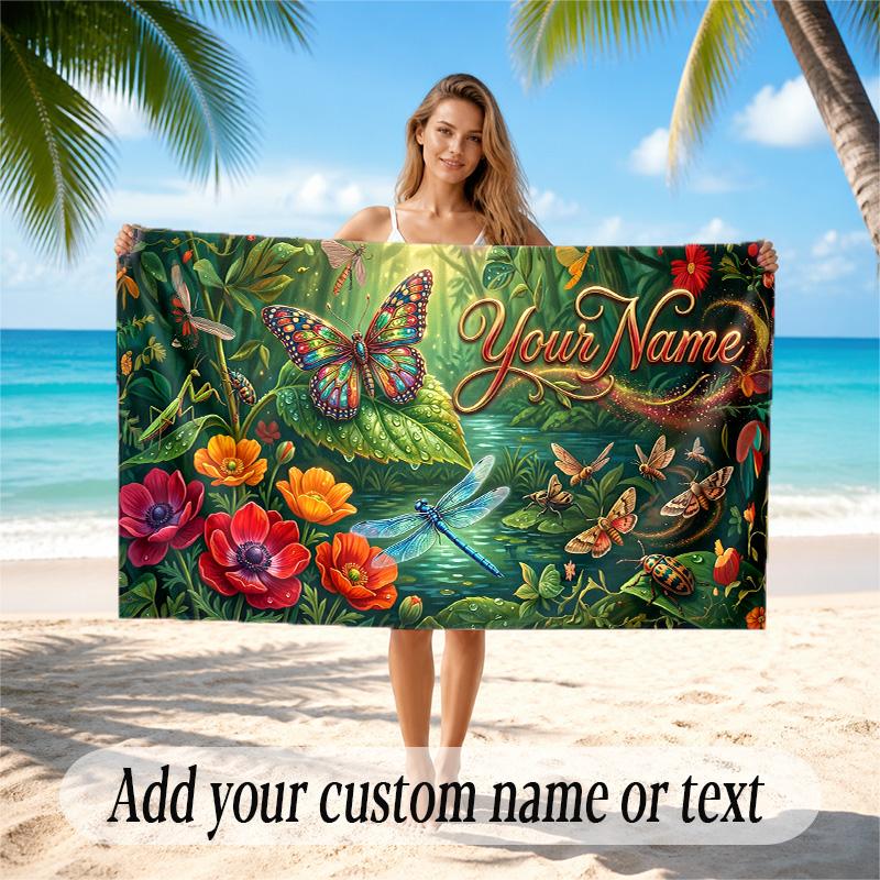 Floral Garden Theme Quick Dry Beach Towel Custom Name Text Print Large Sand Resistant Towel Beach Vacation
