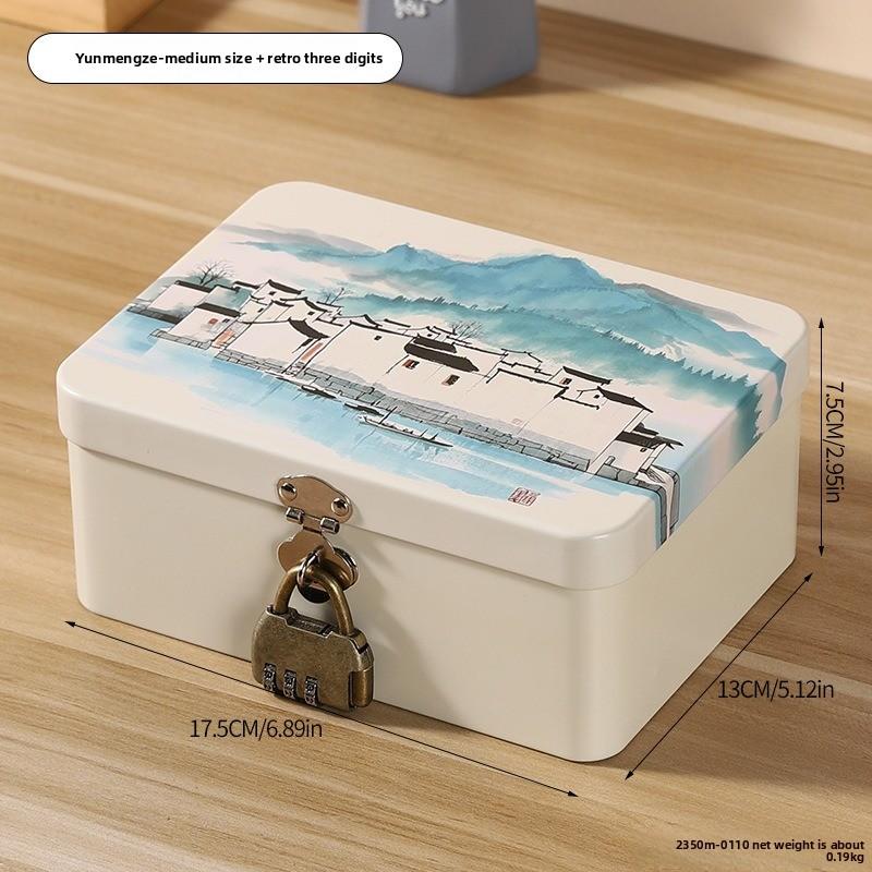 Retro Tinplate Box with Lock Key, Desktop Storage Box, Cosmetics, ID Storage, Household Jewelry Empty Box.