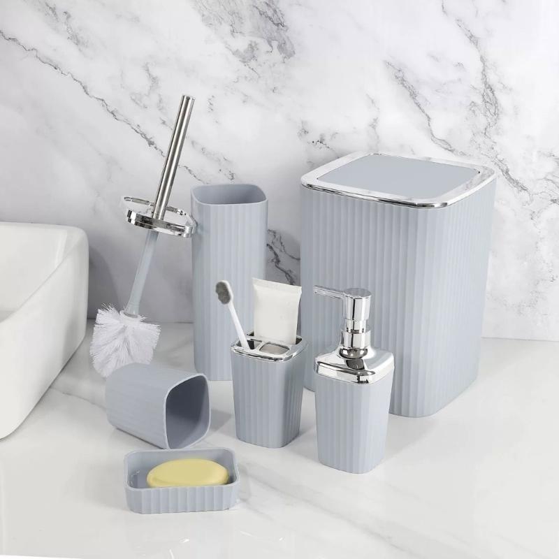 6Pcs Modern Bathroom Storage Set Includes Toothbrush Holder Hydraulic Liquid Dispenser Bottle Trash Can Cup Set