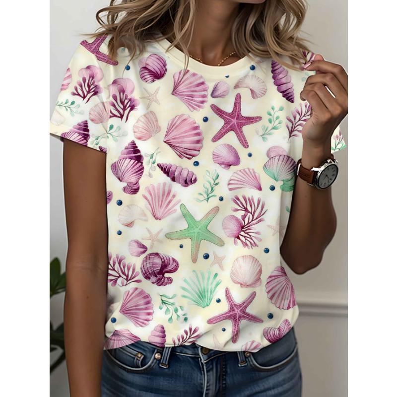 Ladies fresh blue and white ocean element printed short-sleeved T-shirt S