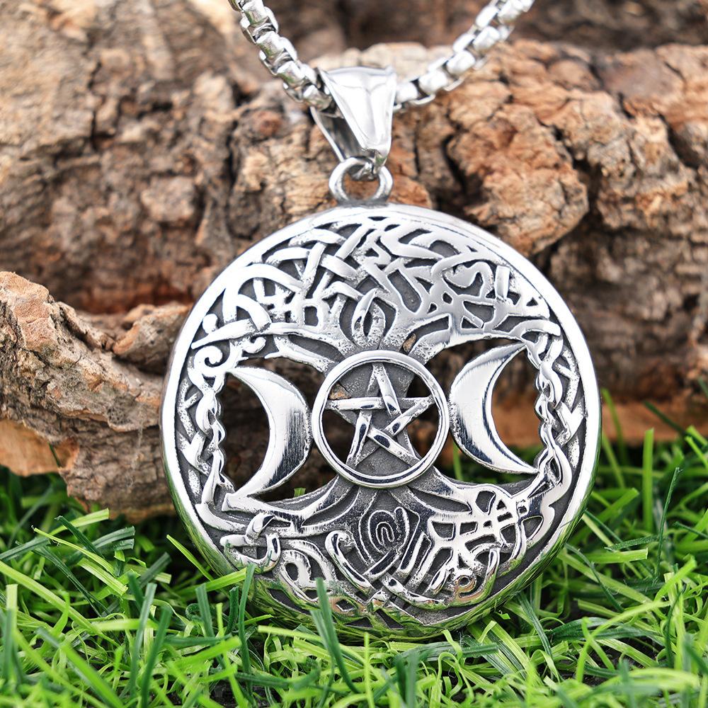 Nordic Tree of Life Star Moon Pattern Titanium Steel Pendant Pentagram Retro Necklace Personality Trend Pendant