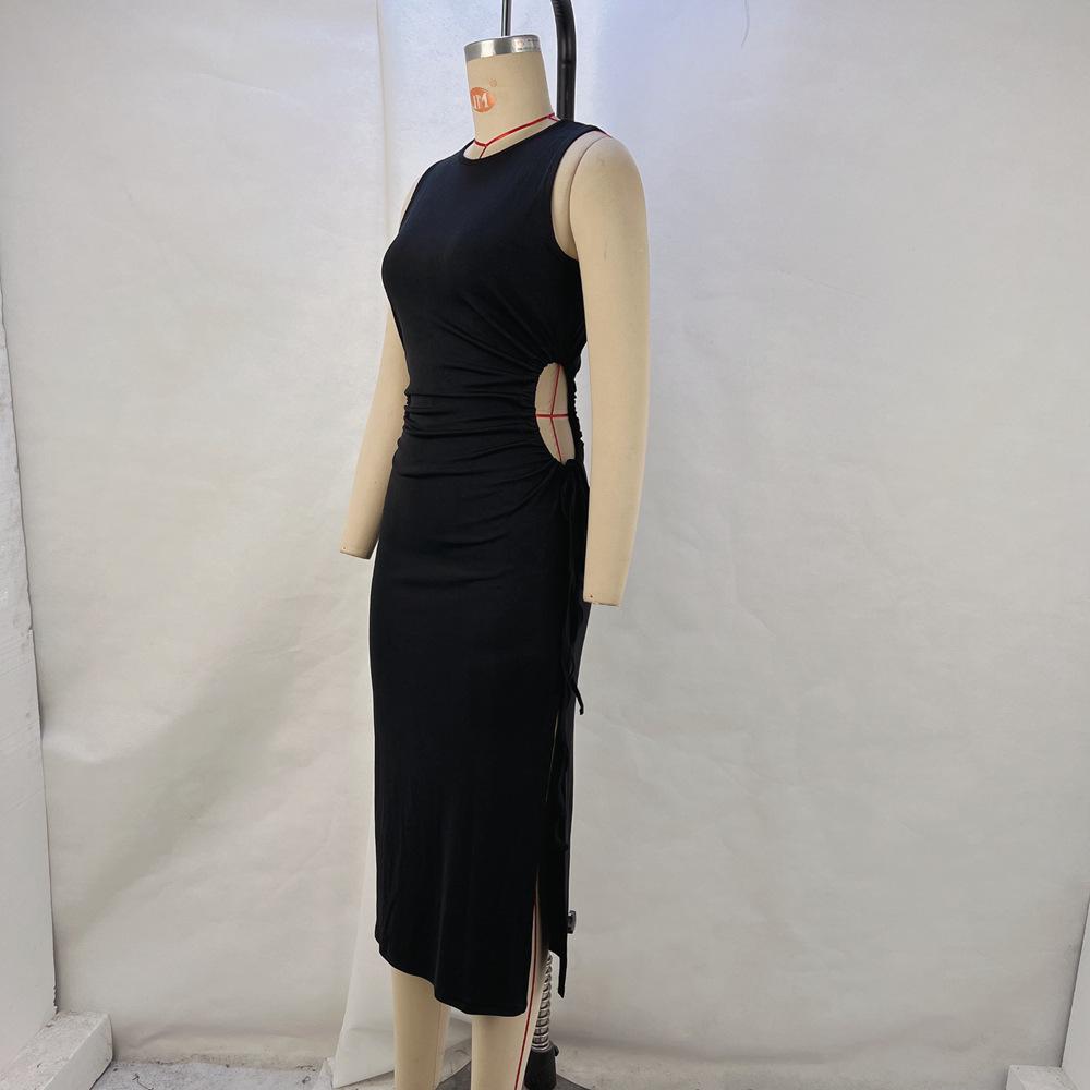 2024 Damenmode Ärmelloses Cutout Bodycon Schlitzkleid mit Kordelzug in der Taille