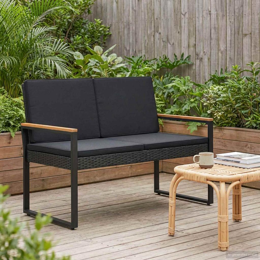Outdoor Bench with Cushions Black 107 x 61 x 80 cm Poly Rattan