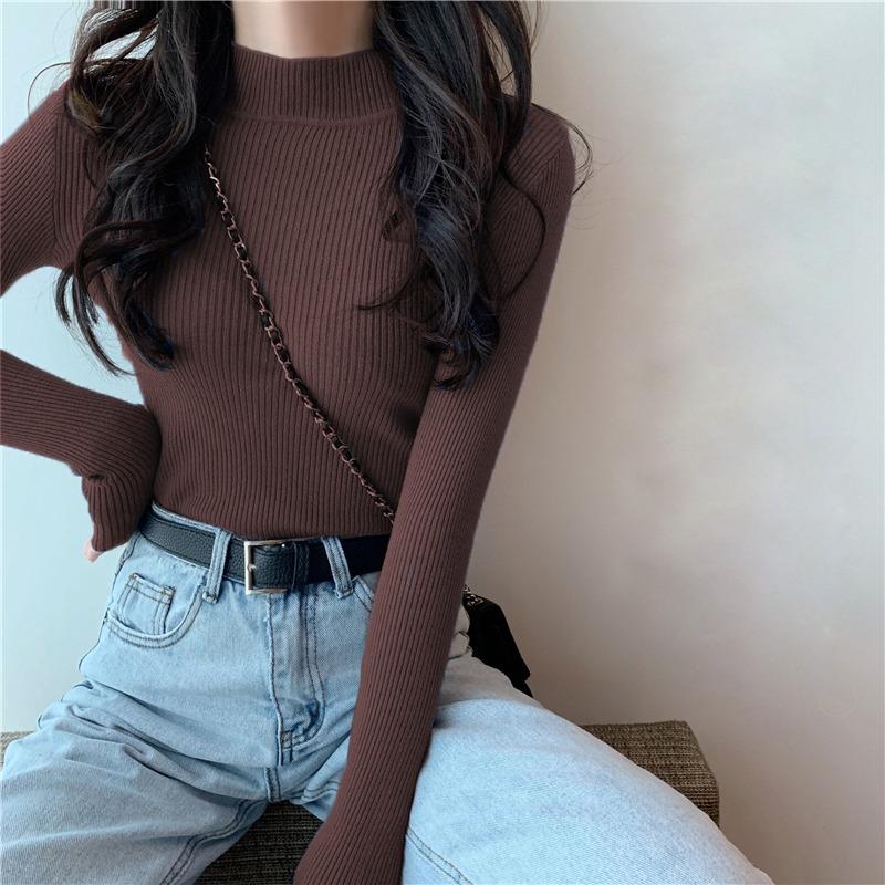 

Модный однотонный длинный рукав низ вязаный свитер топы женские облегающие полувысокий воротник женские пуловеры свитера элегантный повседневный мягкий теплый трикотаж 24986 One Size темно-коричневого