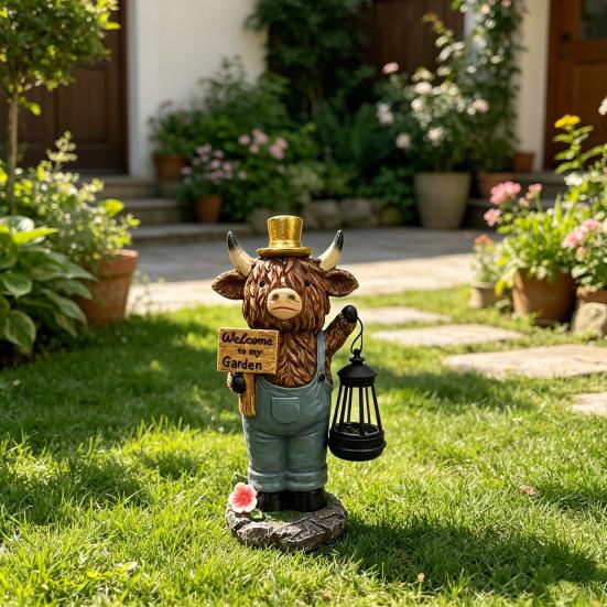 Højlands-ko Havefigur med Solcellelanterne, Velkommen til Min Have Udendørs Harpiks-ko Skulptur til Gårdhave Have Terrasse Græsplæne Dekoration