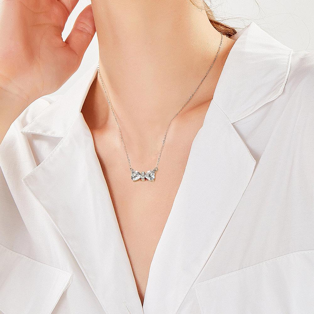 S925 Sterling Silver Necklace Cross-border Fashion Bow Pendant Female Heart-shaped Colored Treasure Necklace Simple Twelfth Birthday Stone