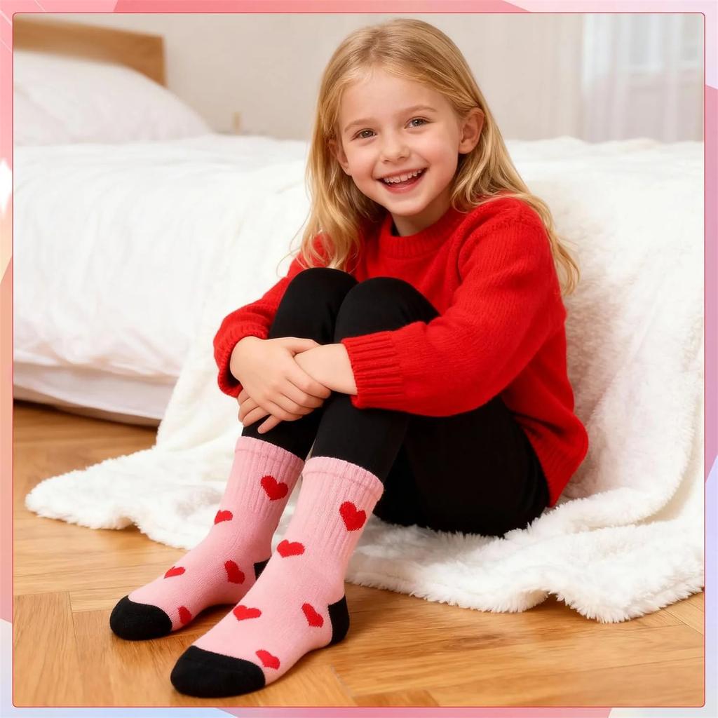 A Pack Of 5 Pairs Of Cute Heart-patterned Cotton Socks For Girls, Seamless Mid Calf Athletic Socks, Suitable For Children Aged 9-12.