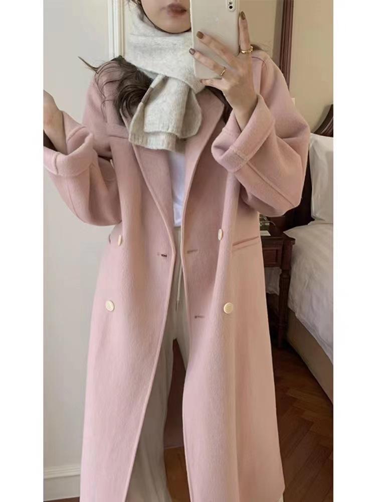 Romantic Pink Double-Sided Cashmere Women’s Wool Coat - Medium-Length Winter Style
