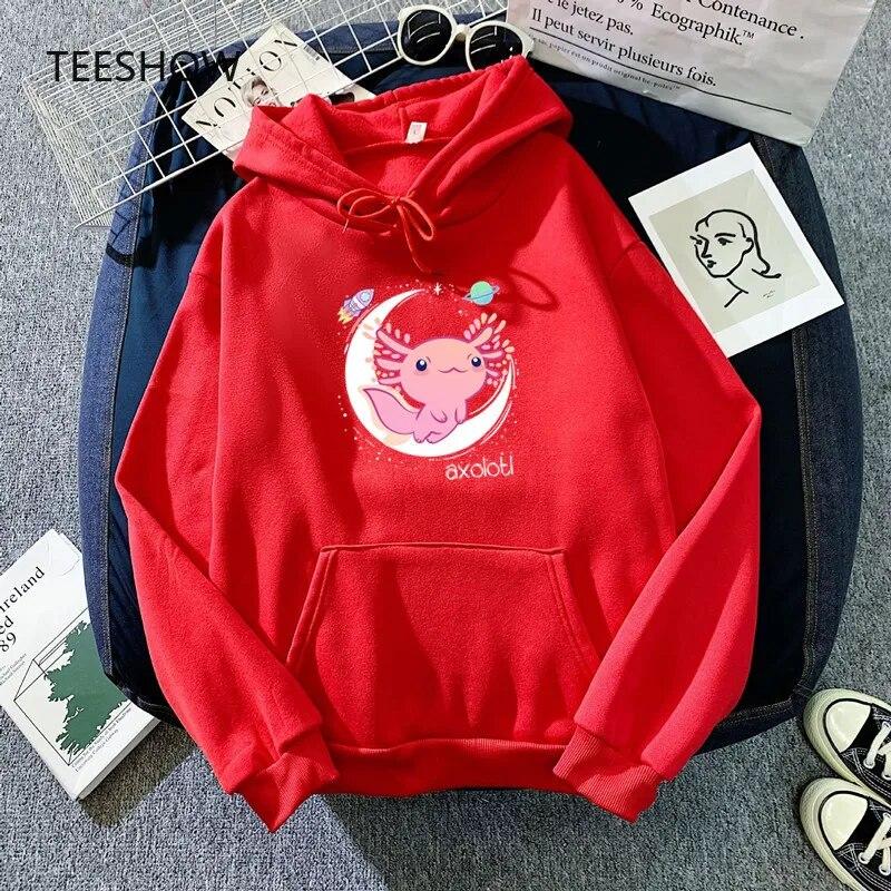 Space Axolotl Kawaii Hoodies Pastel Goth Japan Anime Comic WoUnisex Hoody Hooded Sweatshirt Fleece Warm Streetwear Unisex Clothes