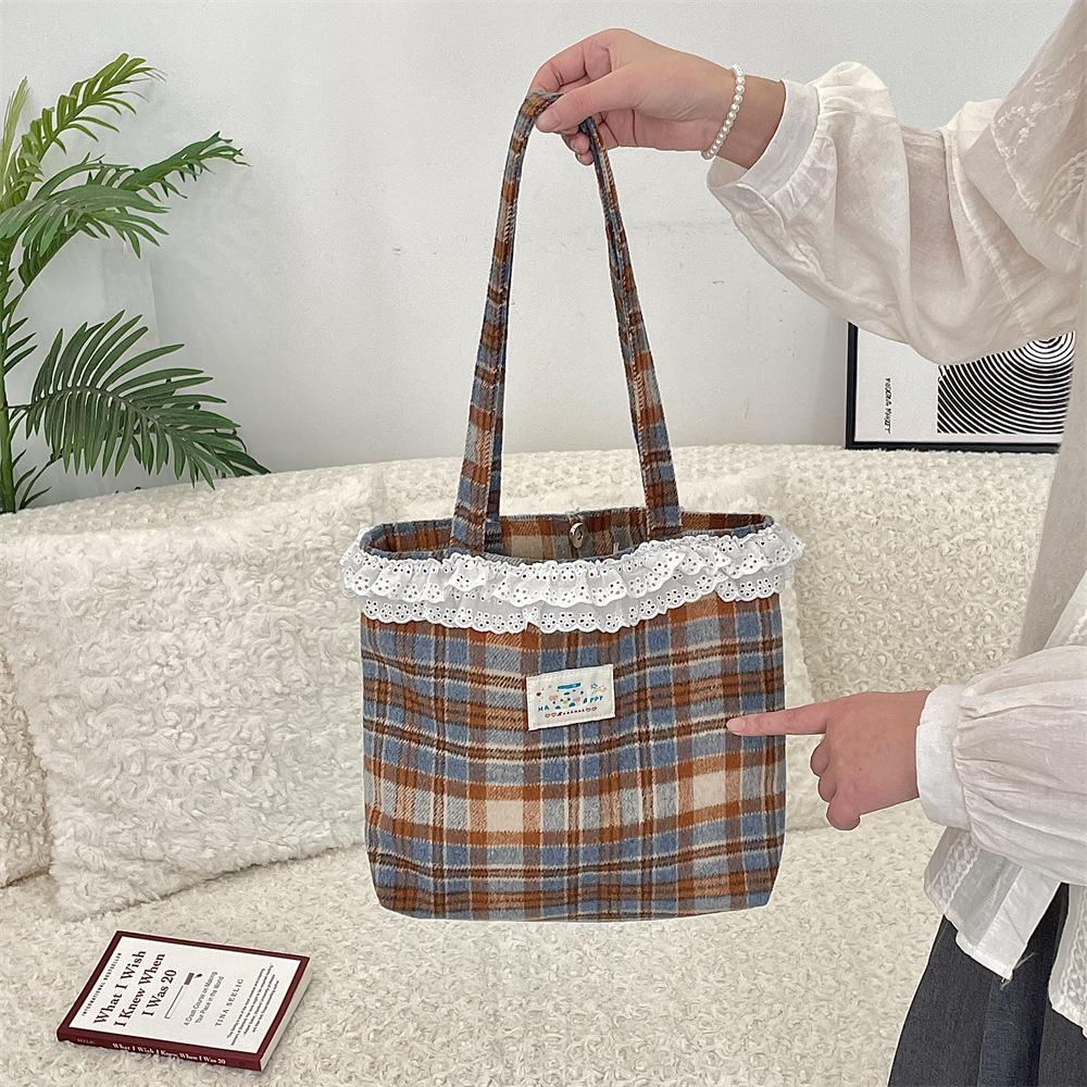 151 Cute Girl Heart Lace Woolen College Plaid Shoulder Bag Cloth Bag Portable Tote Bag