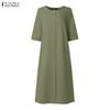 ZANZEA Women Casual Round Neck Solid Color 3/4 Sleeve Loose Dress