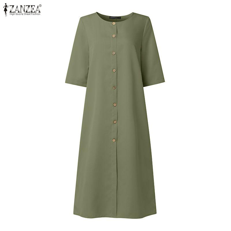 ZANZEA Women Casual Round Neck Solid Color 3/4 Sleeve Loose Dress