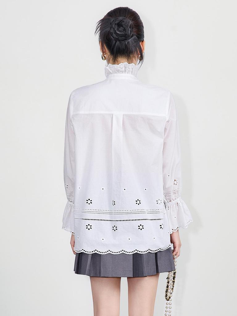 100% Cotton Romantic Lace Floral Stand Collar Embroidered Hollow Out Shirt Top
