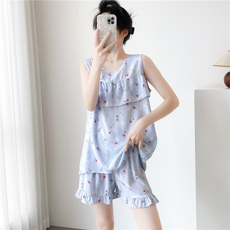 Women's Summer Ultra-Thin Cotton Satin Pajamas Set With Shorts And Sleeveless Vest, Cool Comfort Home Wear For Hot Weather