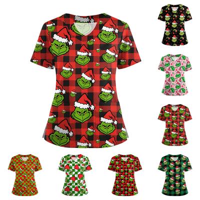 Women's Short Sleeved Christmas Printed V-neck Buttonable Side Slit Top T-shirt
