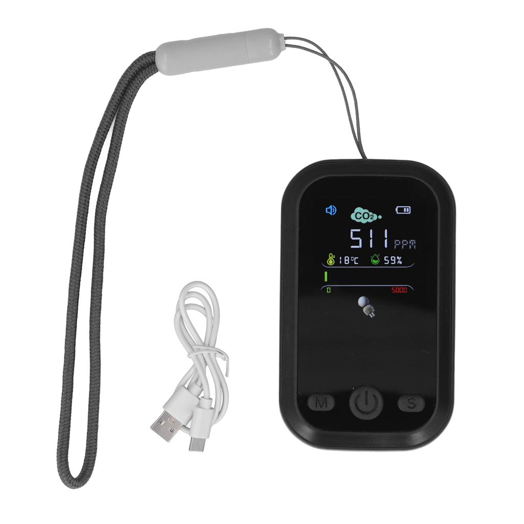 CO2 Detector NDIR Sensing Type C Charging Temperature Humidity Tester Portable Air Quality Monitor Black