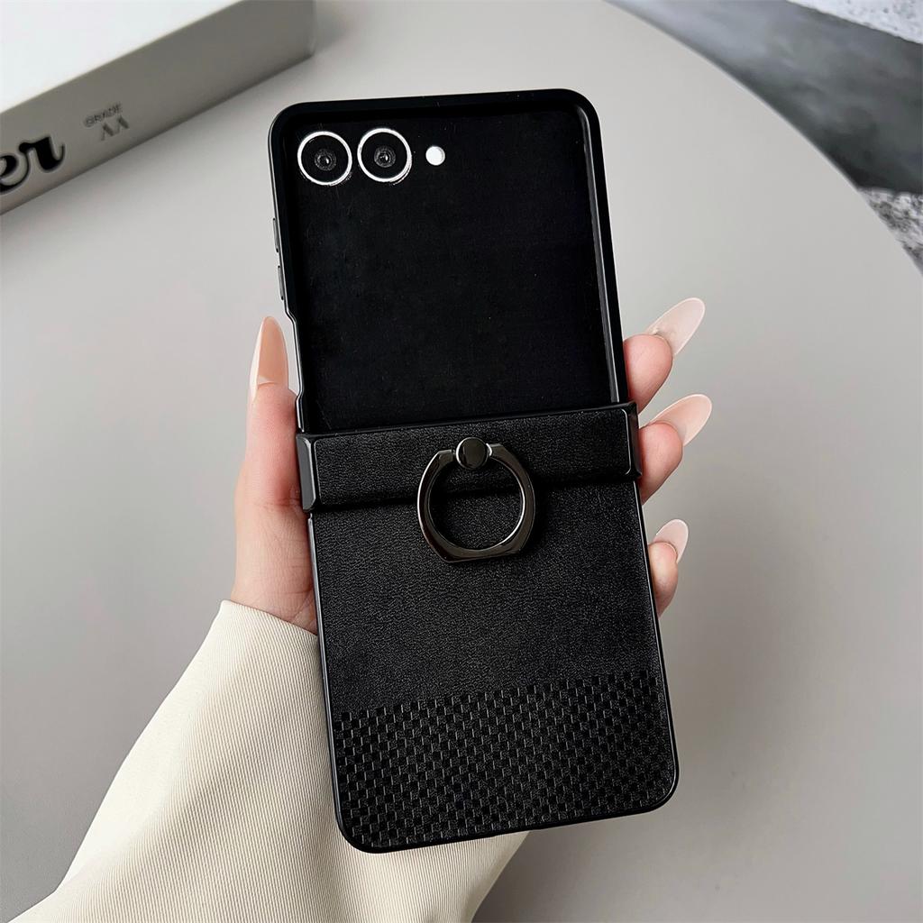 Leather Ring Holder Phone Case for Samsung Galaxy Z Flip 3 4 5 6 7 5G ZFlip7 FE ZFlip6 Hinge Protective Shockproof Cover