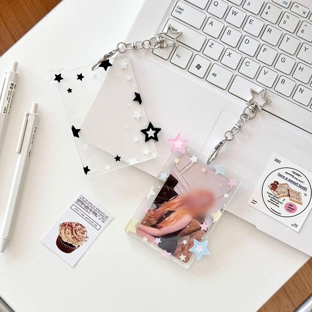 Acrylic Card Holder Colorful Star Student Card Protector Kpop Photocard Holder Keychain  Gift