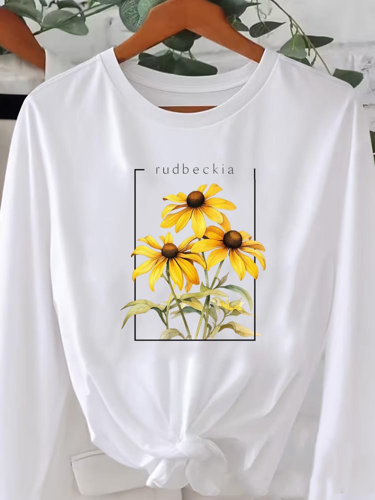 (Asian Size) O-neck Women T Shirt Tee Lady Watercolor Flower Trend Printed Female Clothing Casual Fashion Top Long Sleeve  Graphic T-shirts