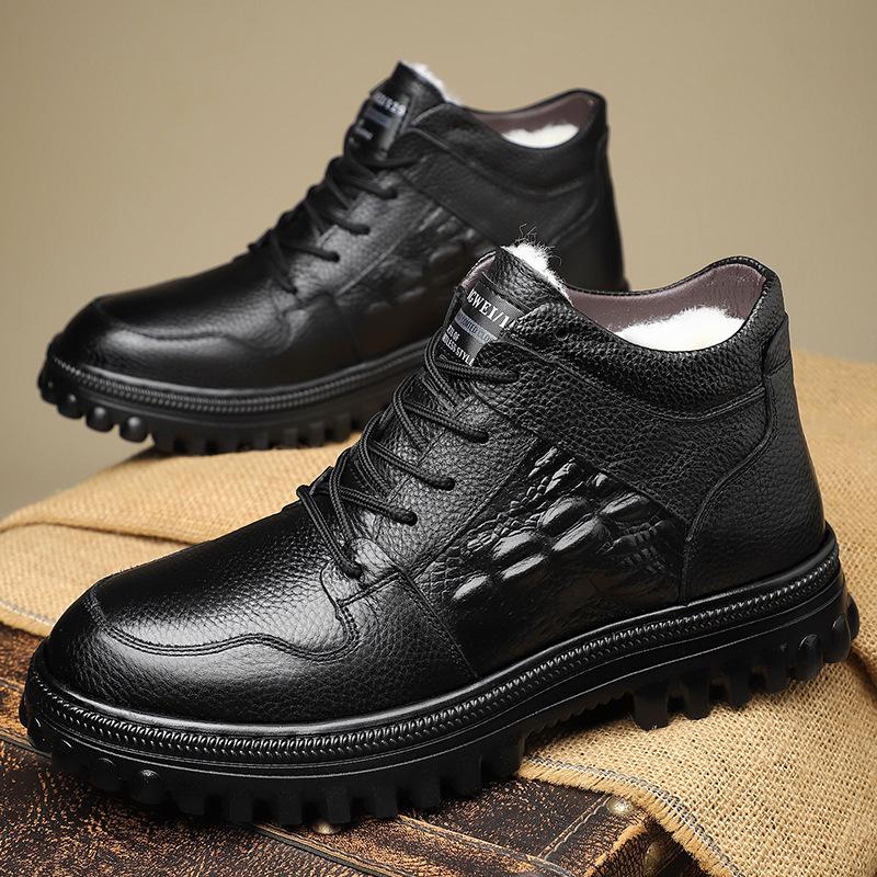 European Station Winter Men's Cotton Shoes Thickened Wool Warm Men's Shoes Integrated Fur Snow Boots Non-slip High-top Cotton Leather Shoes