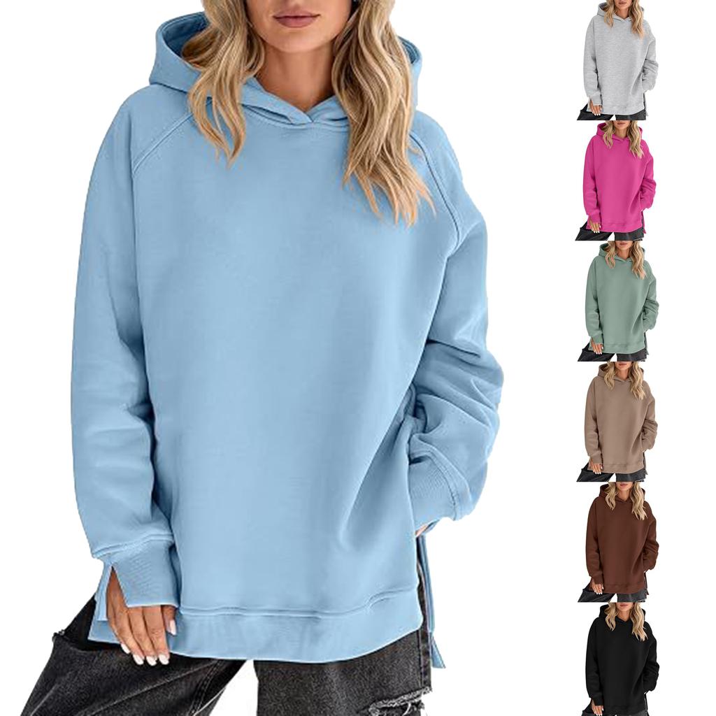 Women's Casual Longline Hooded Pullover with Drop Shoulder and Side Slit - Loose Fit Sweatshirt