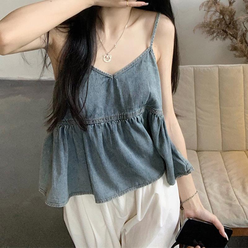 

Элегантный повседневный стильный жилет верхняя одежда летний простой темперамент V-образный вырез свободный дизайн плиссированная оборка без рукавов майка джинсовые подтяжки женские One size (42.5-52.5 kg) светло-синий