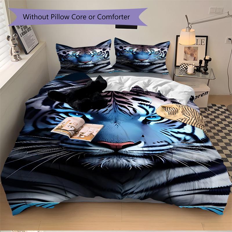 3pcs Tiger Print Bedding Set - 1 Duvet Cover + 2 Pillowcases(Core Not Included), Machine Washable Polyester Yy251216118