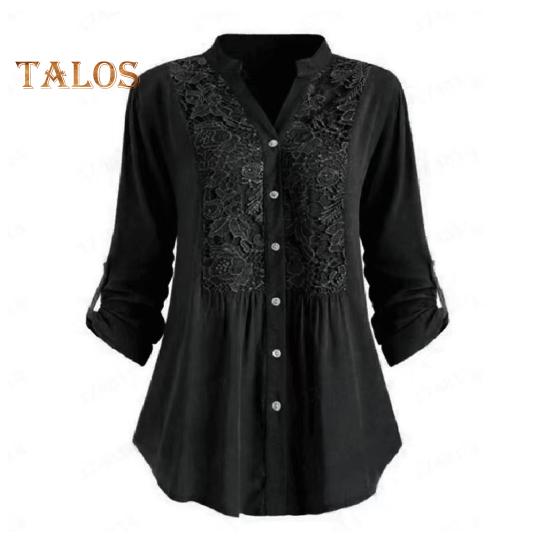 

Женская рубашка с запонками, V-образным вырезом, на пуговицах, средней длины, кружевная свободная блузка больших размеров с цветочной вышивкой, с длинными рукавами для поездок на работу, свиданий и повседневных поездок 4XL чёрный