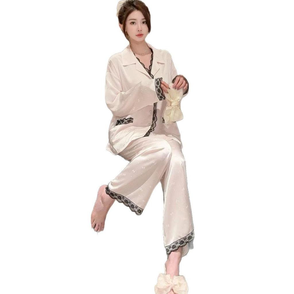 Women's Ice Silk Pajamas - Lazy Embossed Pink Lace Cardigan, Long Sleeve, Youthful Style.