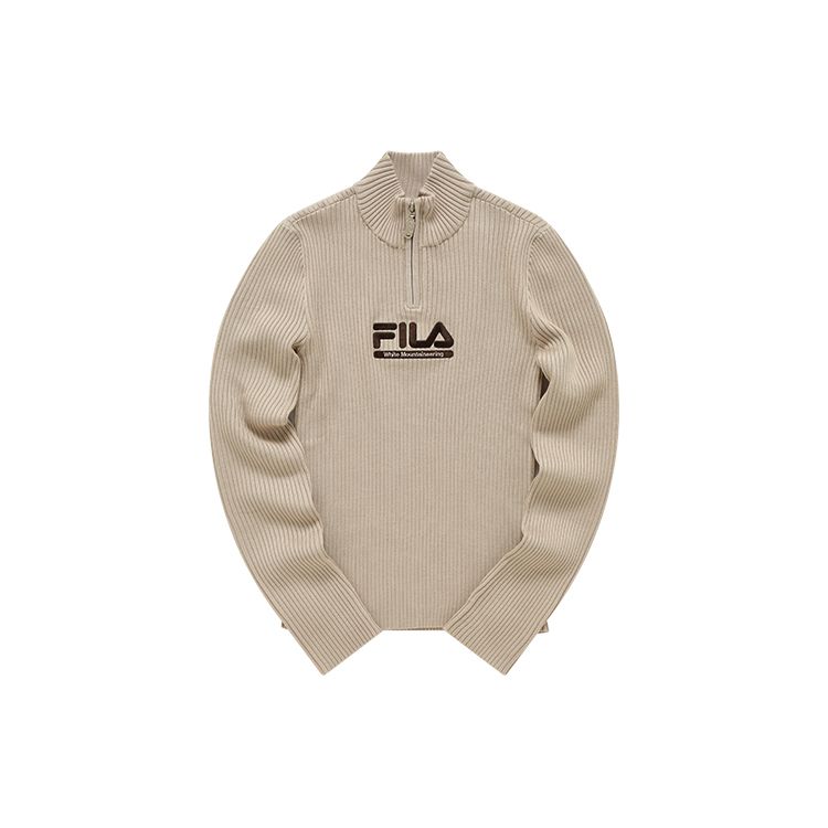 FILA Fusion X White Mountaineering Crossover Casual Knit Breathable Stand Collar Cardigan Fitted Sweater Jacket Women outerwear Beige T11W147401F-LK