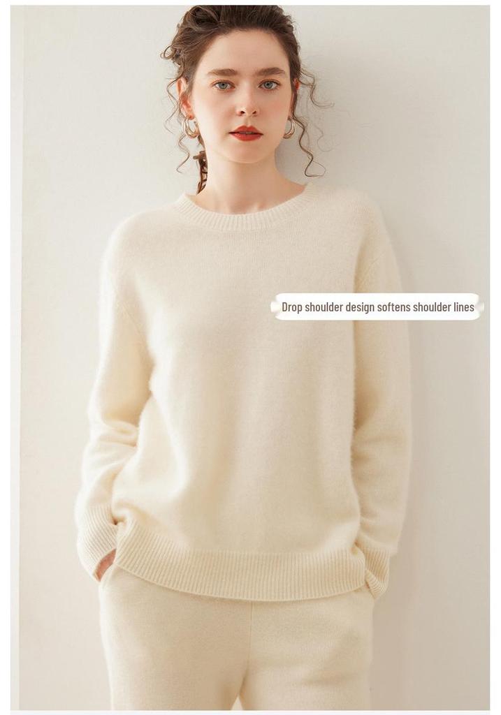Women's Casual Round Neck Cashmere Knit Sweater - Thickened Double-Strand, Versatile and Loose Fit